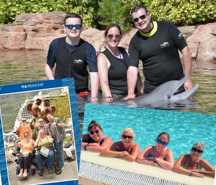 Collage of holiday photos. Group of women in swimming pool. Family picture with dolphins.