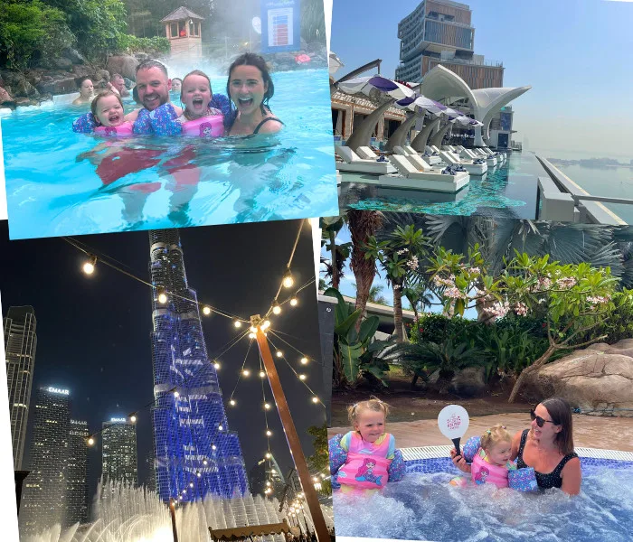 Collage of holiday photos. Family picture in swimming pool. Dubai Burj Khalifa.