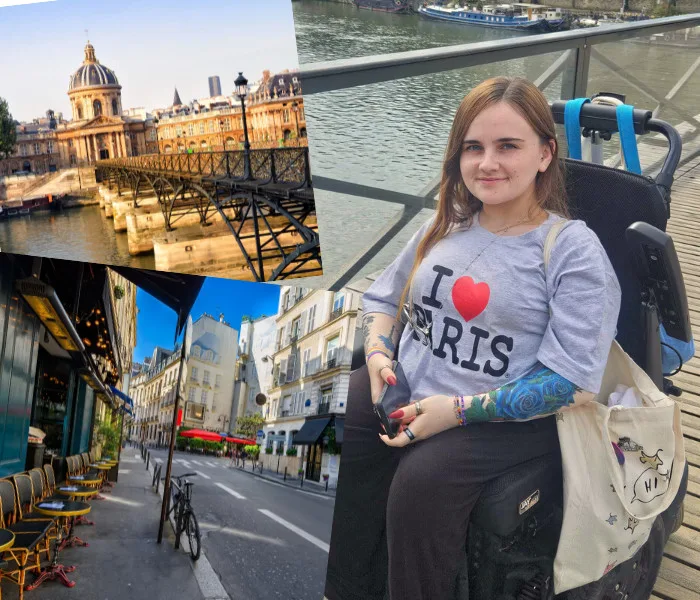 Images of Paris. Pont des Arts. Woman with I love Paris t-shirt. 