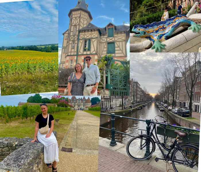 Collage of holiday photos. Sunflower field. Couples picture in France. Canal picture in Amsterdam 