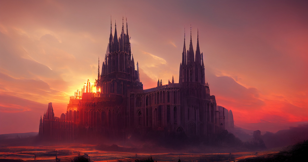 A majestic gothic cathedral with intricate spires and arches, bathed in the warm light of a vibrant sunset.