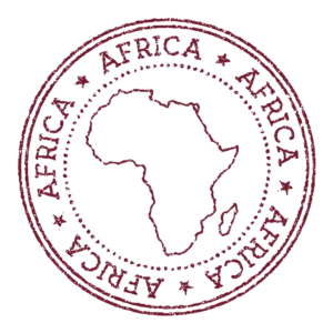 A circular stamp with the outline of Africa.