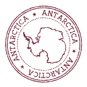 A circular stamp with the outline of Antarctica.