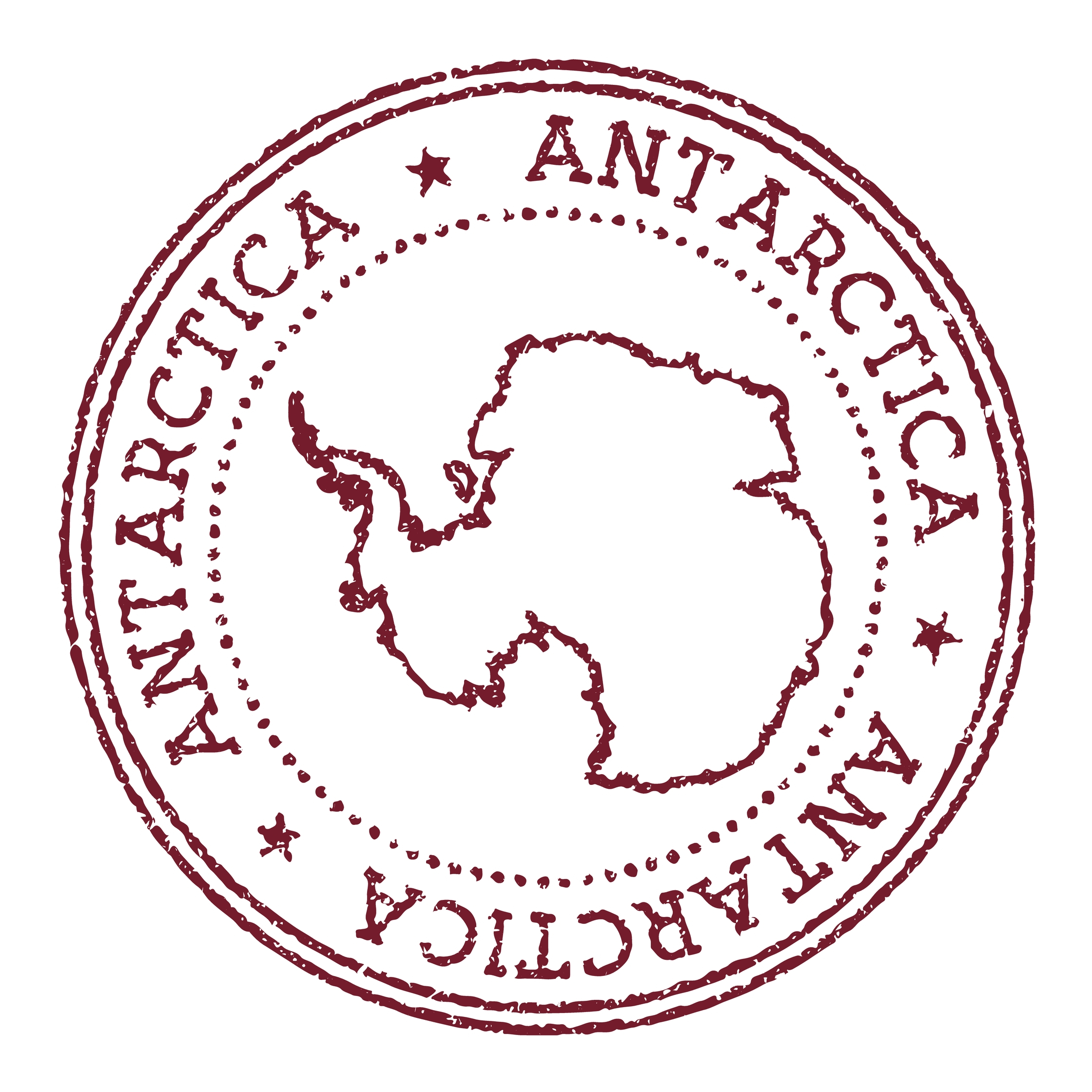 A circular stamp with the outline of Antarctica.