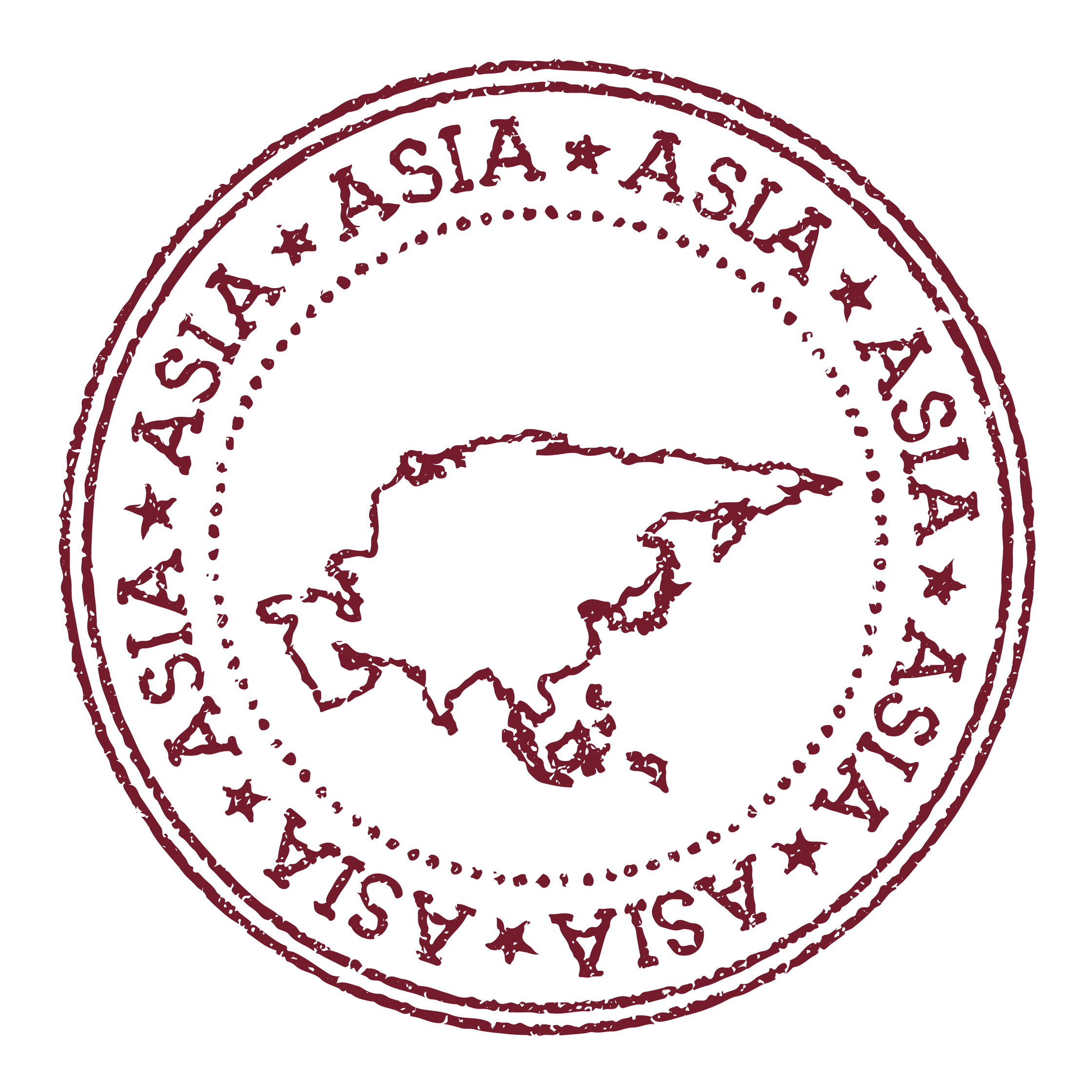 A circular stamp with the outline of Asia.