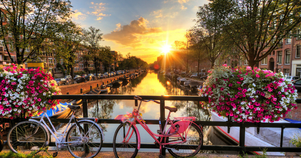 A picturesque view of an Amsterdam canal at sunset, with colorful bicycles, flower-filled planters, and traditional Dutch houses lining the waterfront.