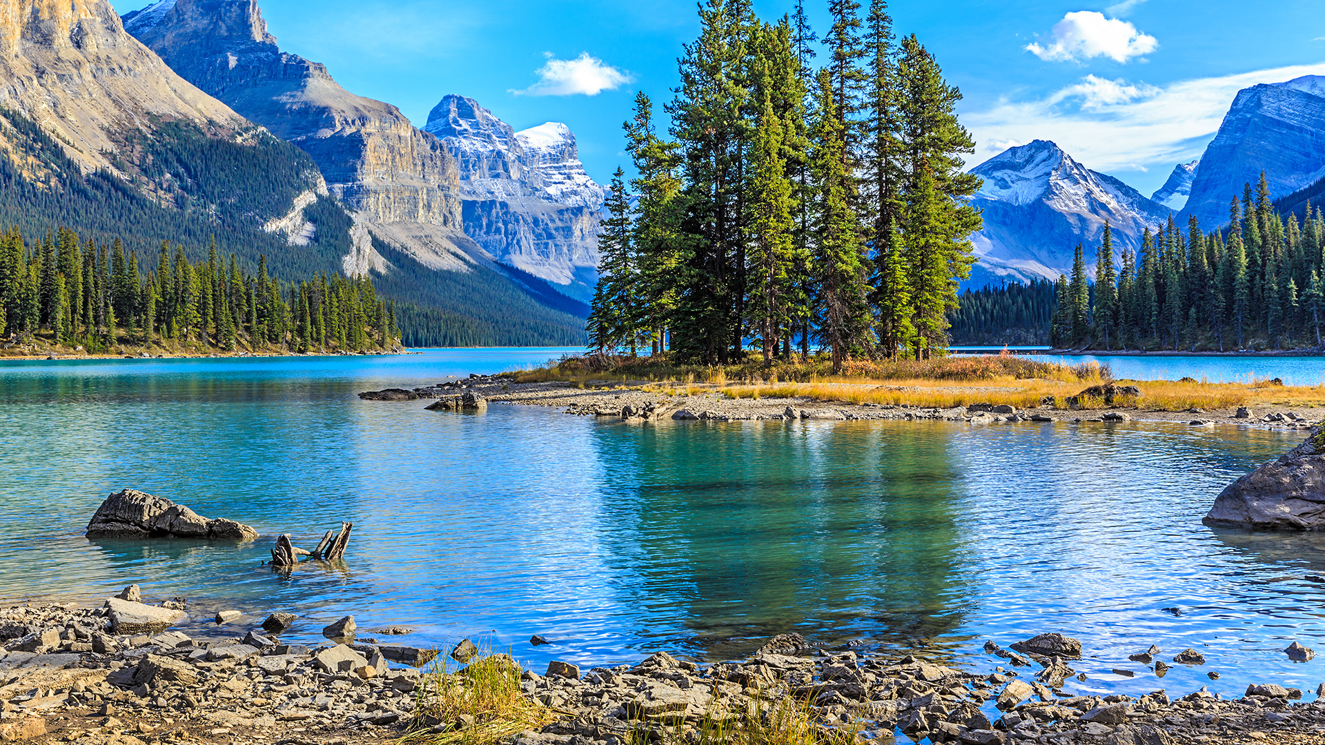 A breathtaking panorama of Maligne Lake in Jasper National Park, with snow-capped mountains, lush forests, and a small island with pine trees.