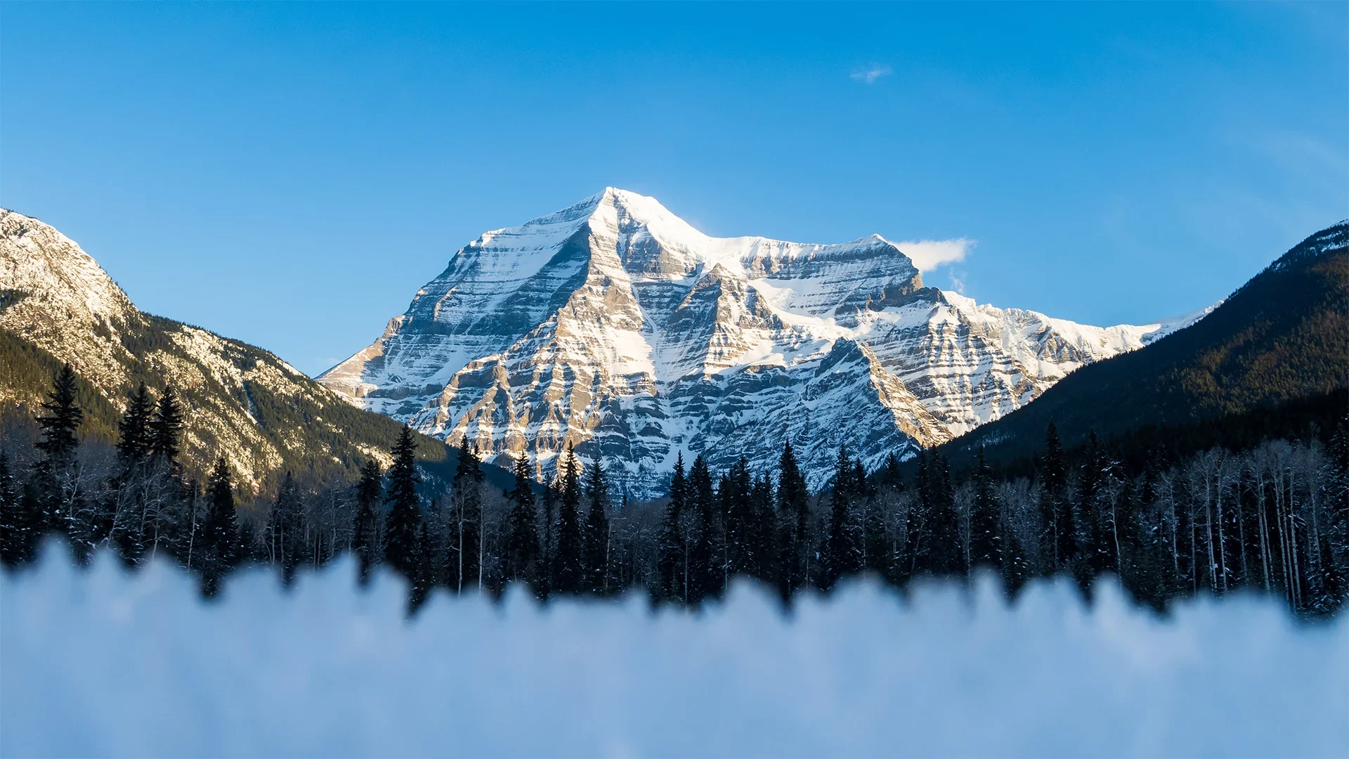 A view of Mount Robson, the highest peak in the Canadian Rockies, covered in snow.