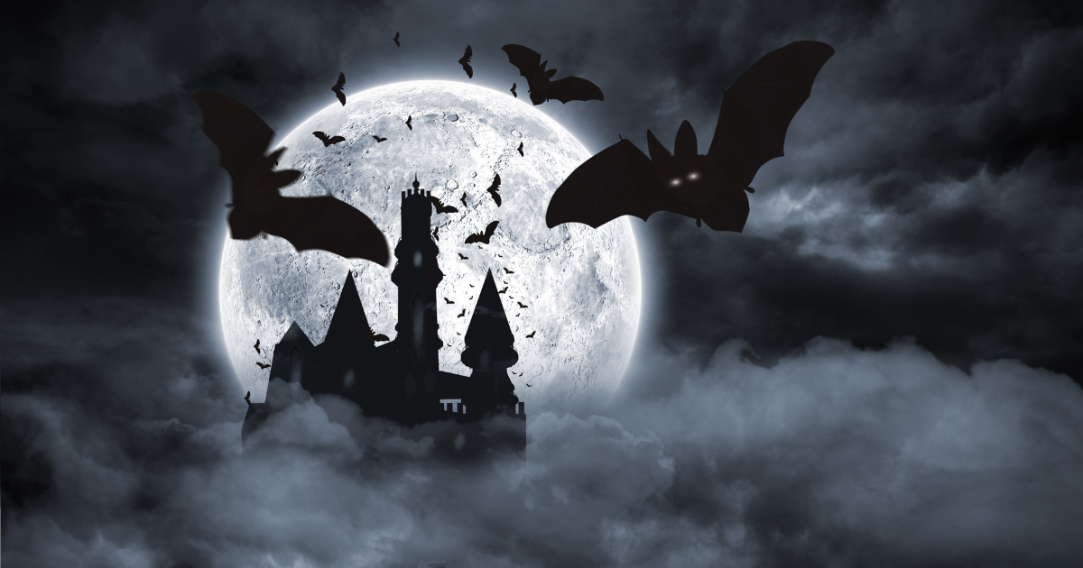 A spooky, gothic castle with a full moon and bats flying in the night sky, creating a classic Halloween scene.