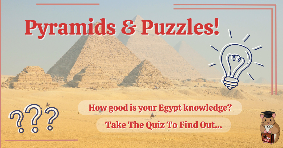 A quiz invitation with the Pyramids of Giza and a hamster mascot.