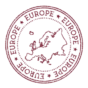 A circular stamp with the outline of Europe.