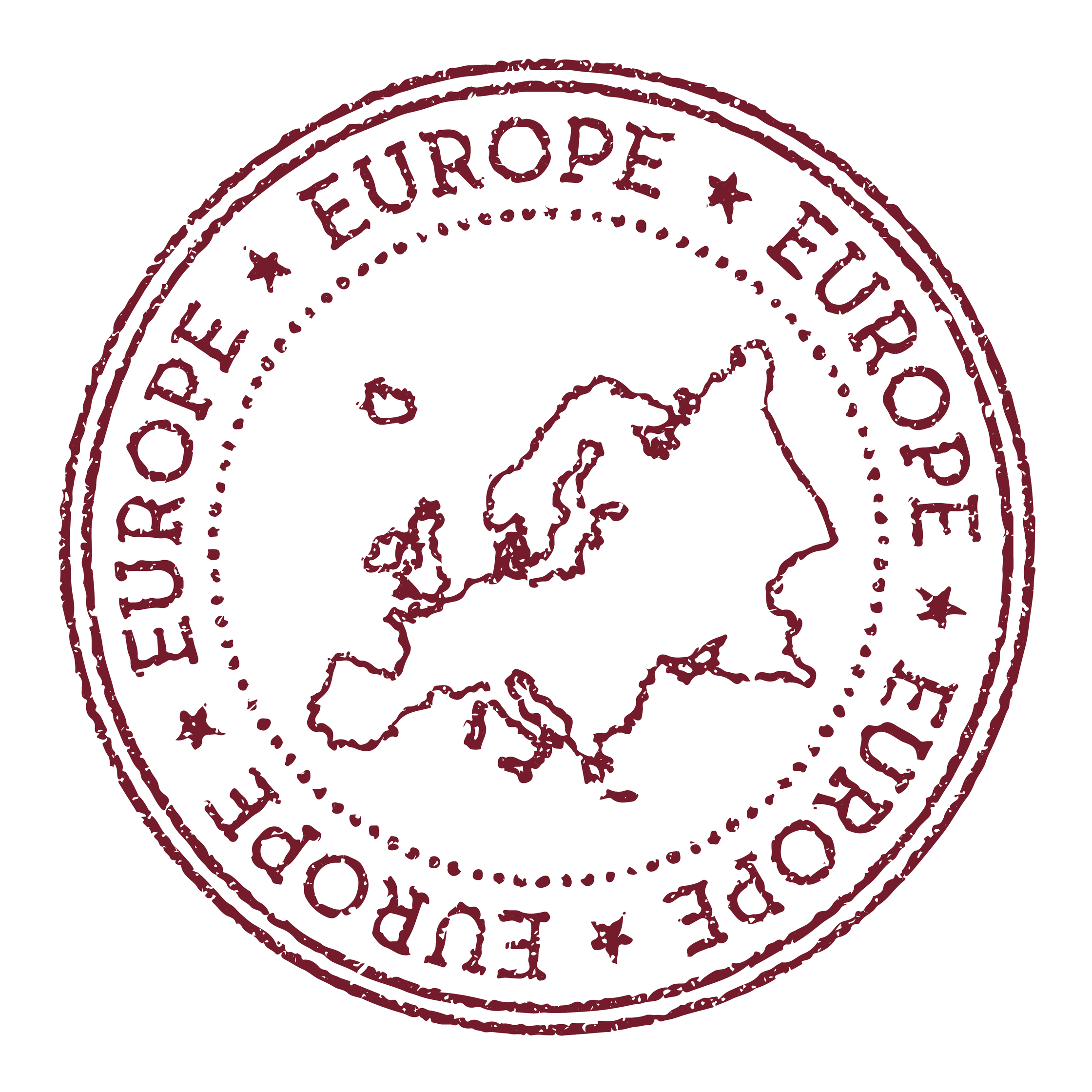 A circular stamp with the outline of Europe.