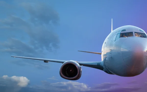 A silver airplane flying against a blue sky.