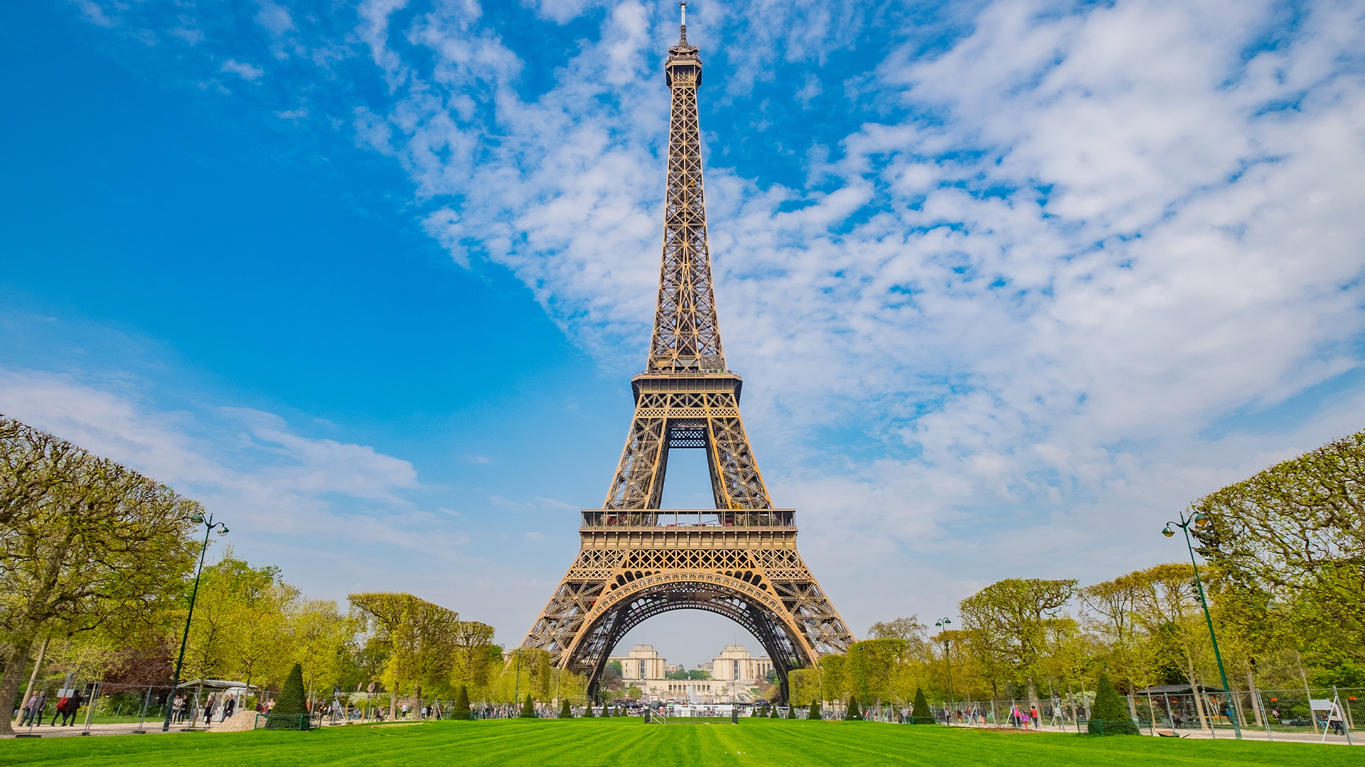 A view of the iconic Eiffel Tower in Paris, France, with a blue sky and green grass.