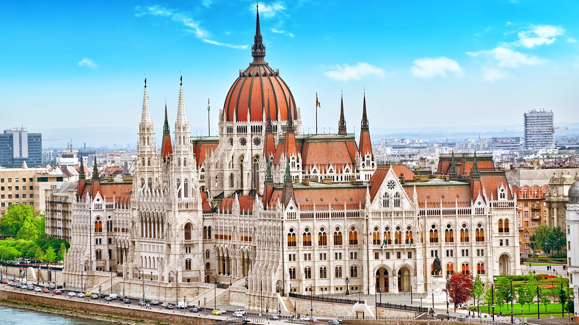 The Hungarian Parliament Building in Budapest, a majestic Neo-Gothic landmark on the banks of the Danube River.