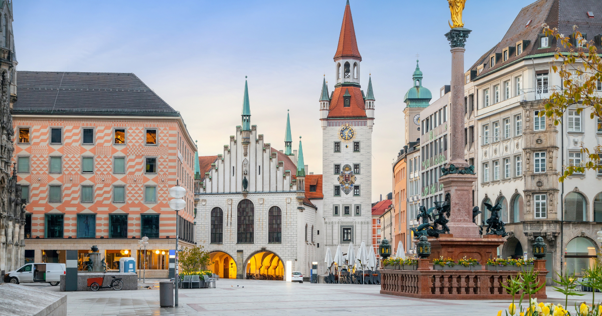 A view of Marienplatz, the central square in Munich, featuring the iconic New Town Hall with its Gothic architecture and the Marian Column.