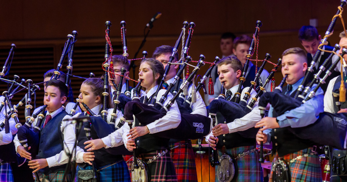 National Youth Pipe Band of Scotland play in the 2019 Celtic Connections Festival at the Royal Concert Hall.