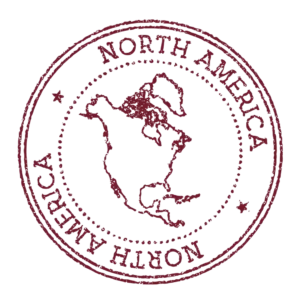 A circular stamp with the outline of North America.