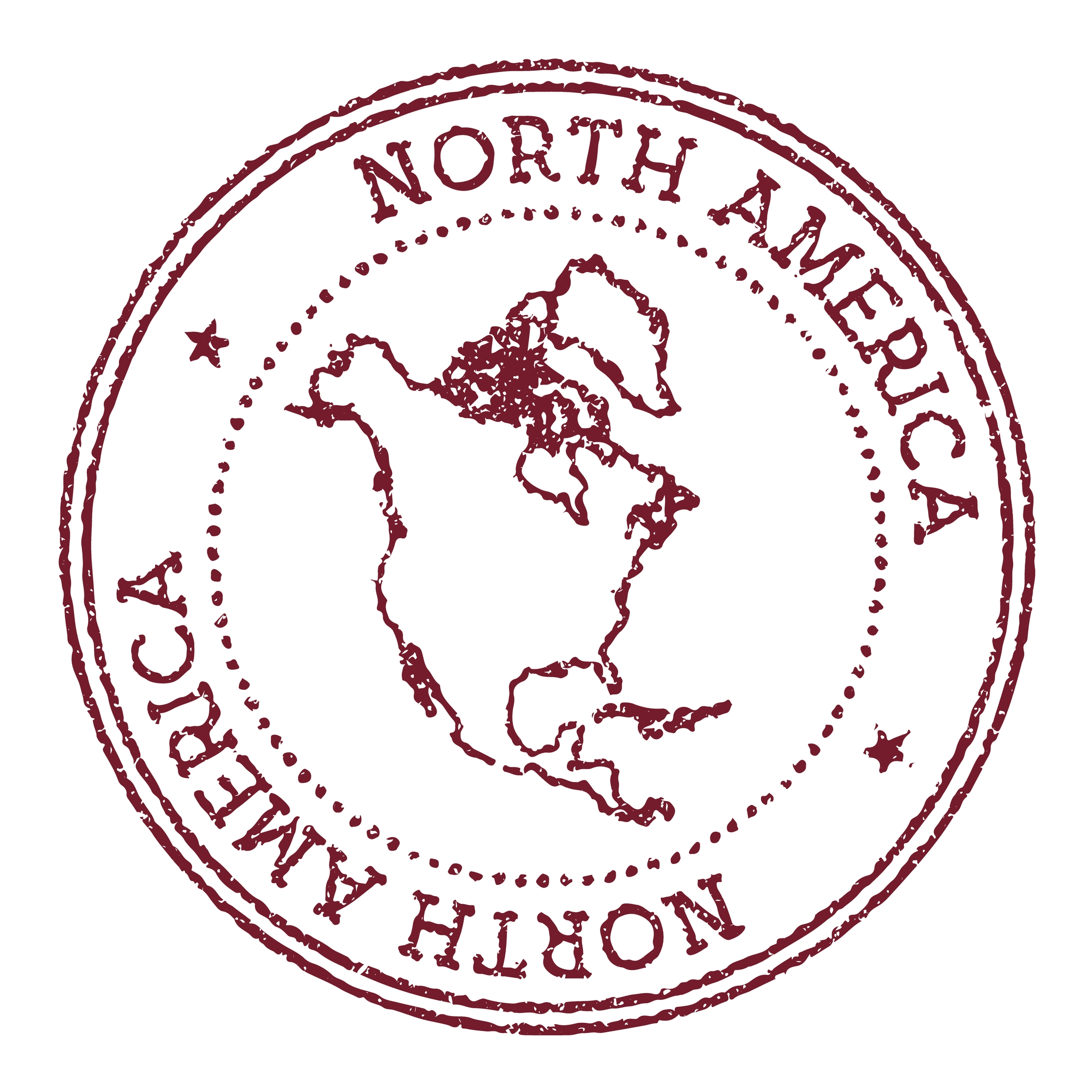 A circular stamp with the outline of North America.