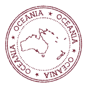 A circular stamp with the outline of Oceania.