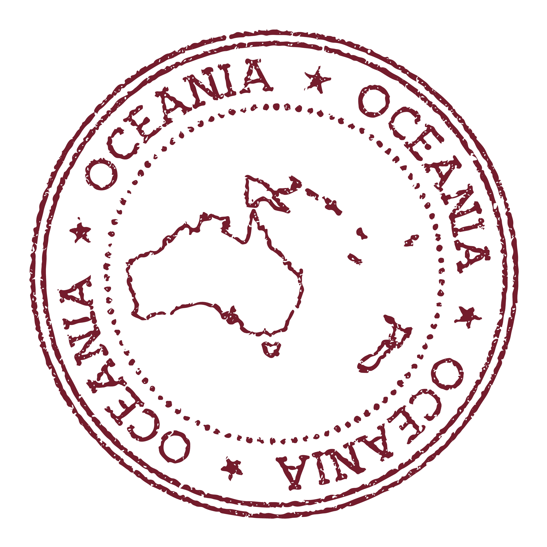 A circular stamp with the outline of Oceania.