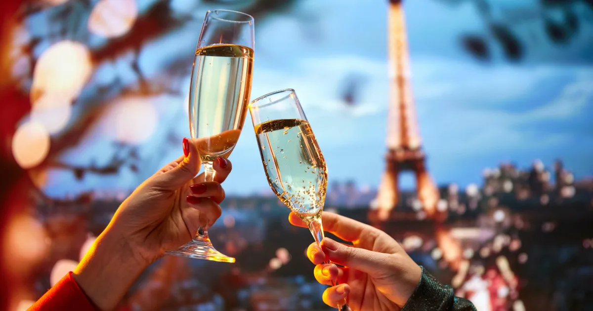 Paris. Champagne glasses in front of the Eiffel Tower