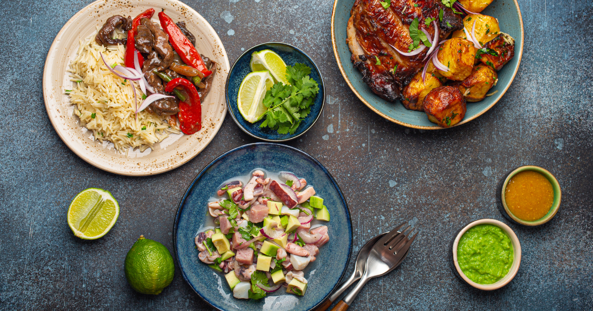 A selection of Peruvian dishes, including ceviche, arroz chaufa, lomo saltado, and papa a la huancaina.