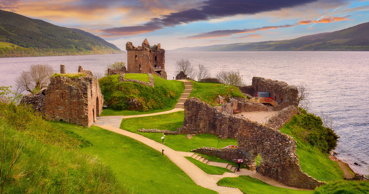 Scotland - sunset over Urquhart castle, Loch Ness - UK