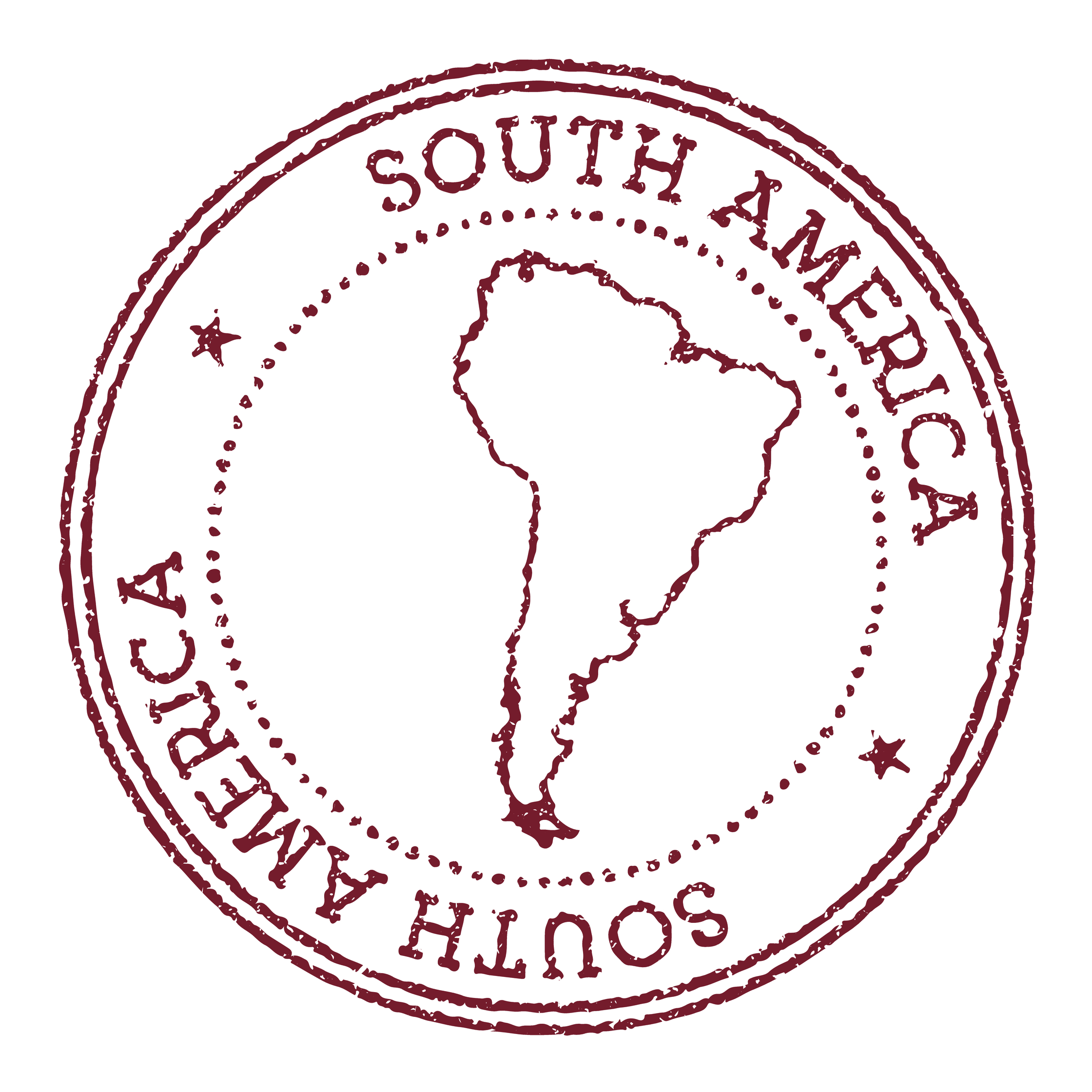 A circular stamp with the outline of South America.