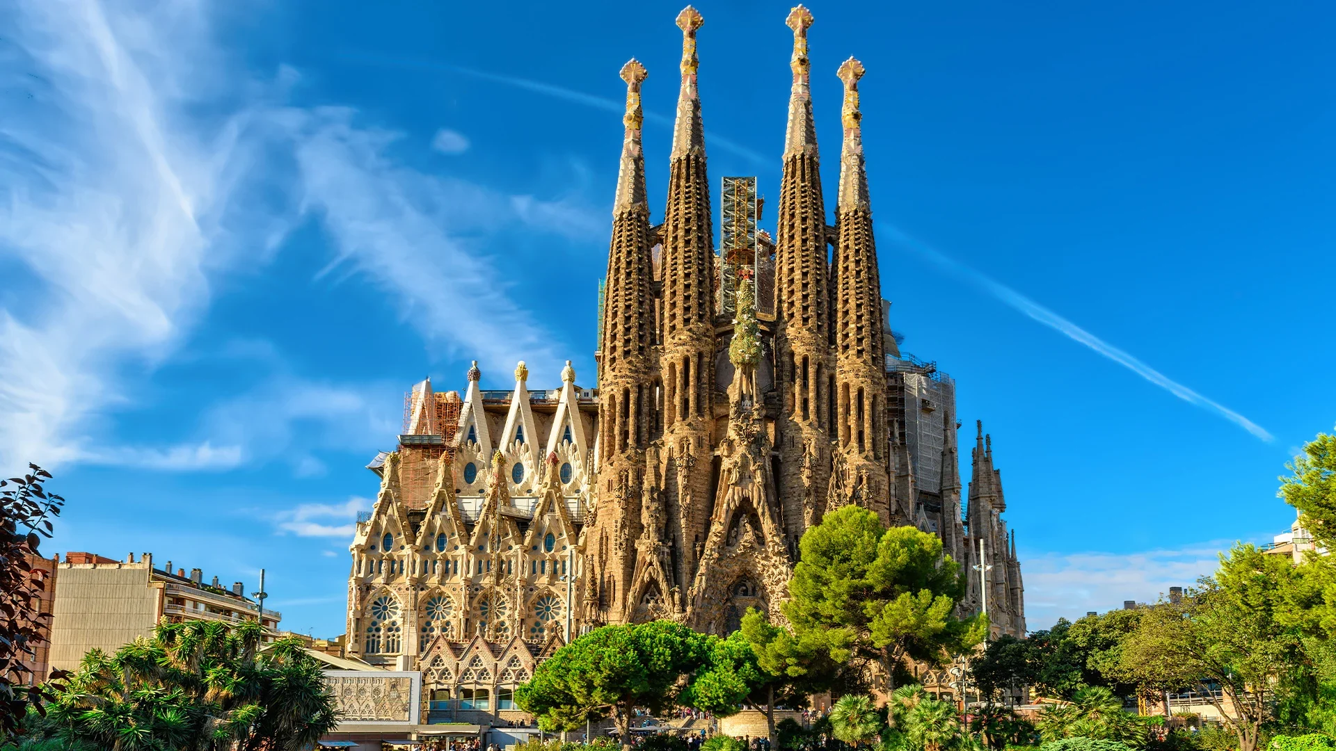The iconic Sagrada Familia basilica in Barcelona, with its intricate Gothic architecture.