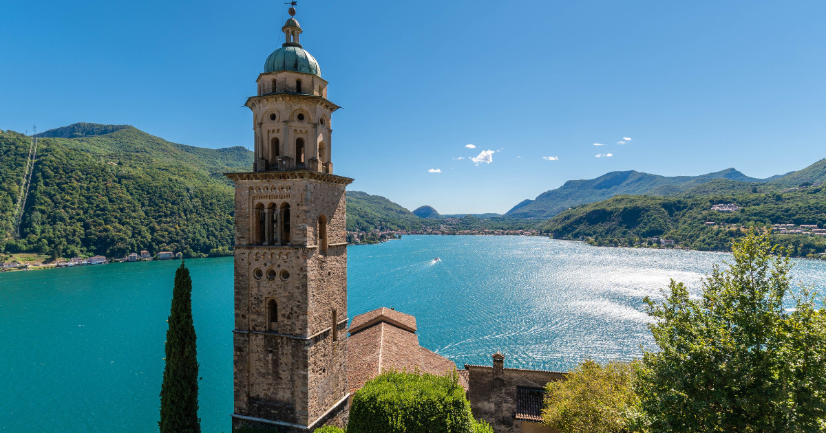 Stunning view of Morcote, the traditional village by lake Lugano in Canton Ticino in Switzerland