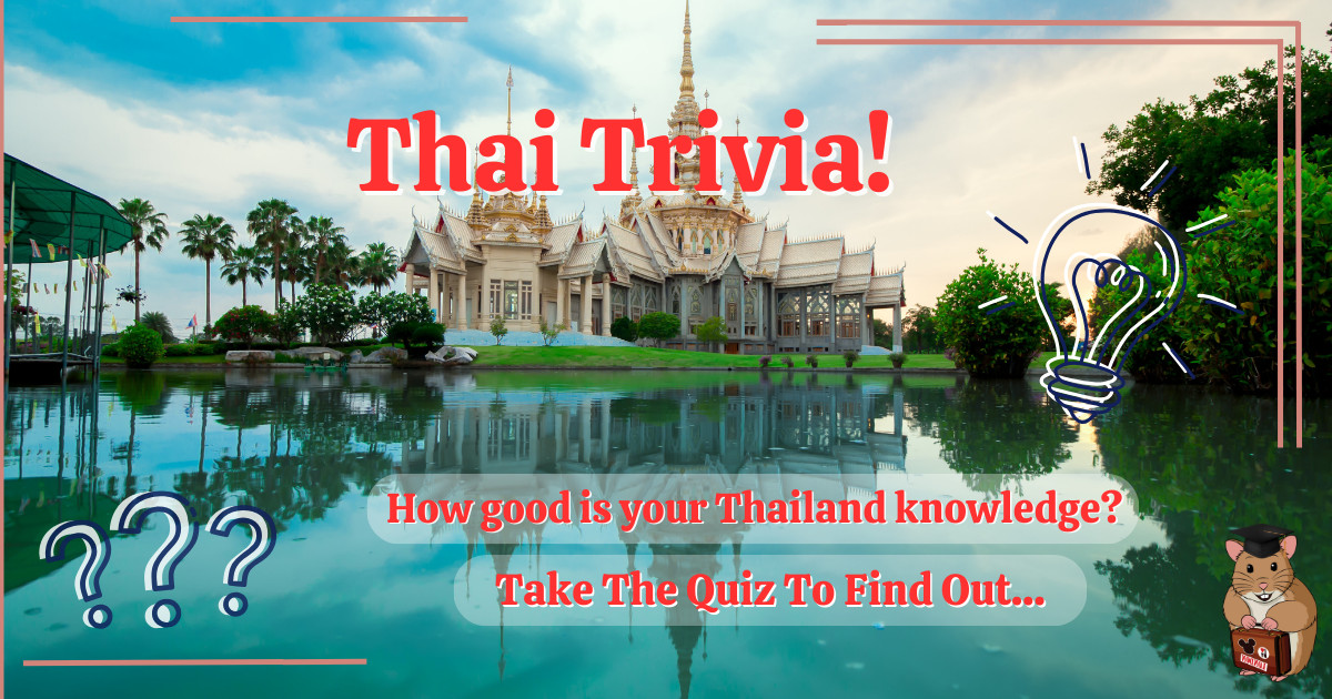 A quiz challenge image promoting a Thai trivia quiz, featuring Wat Rong Khun, the White Temple in Chiang Rai, Thailand, reflecting in a pond.