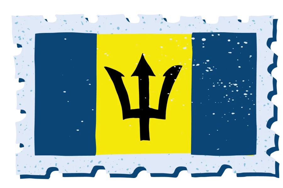 A vintage-style stamp with the flag of Barbados.