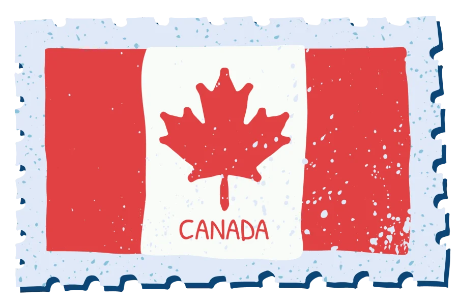 A vintage-style stamp with the flag of Canada.