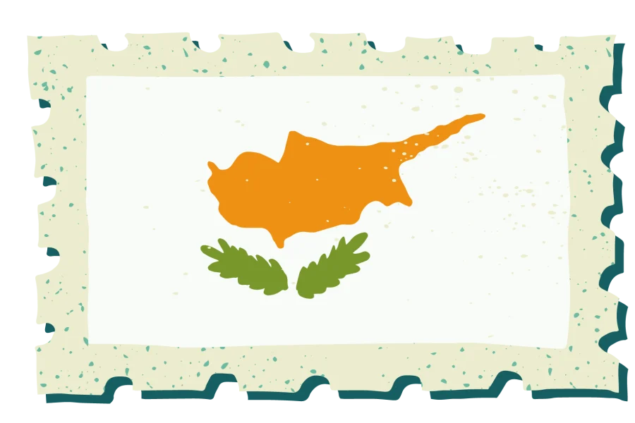 A vintage-style stamp with the flag of Cyprus.