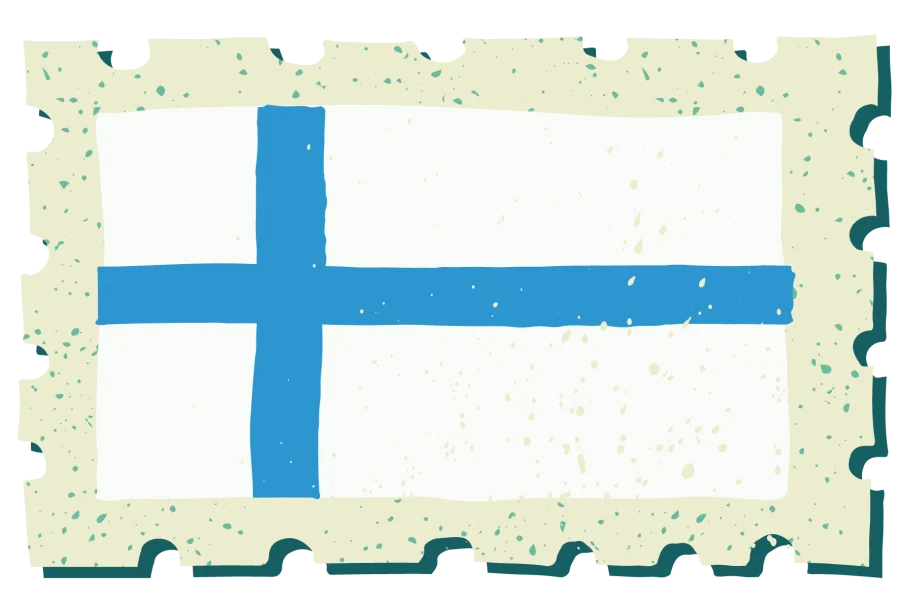 A vintage-style stamp with the flag of Finland.