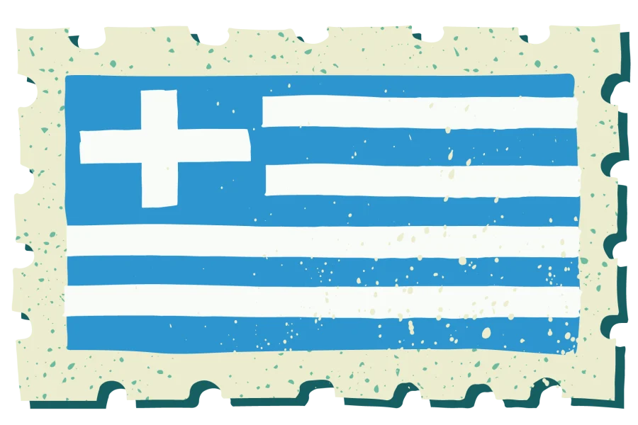 A vintage-style stamp with the flag of Greece.