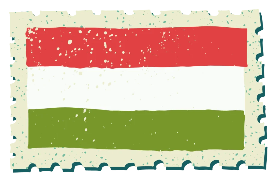 A vintage-style stamp with the flag of Hungary.