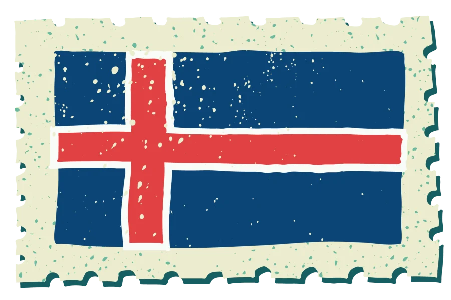 A vintage-style stamp with the flag of Iceland.