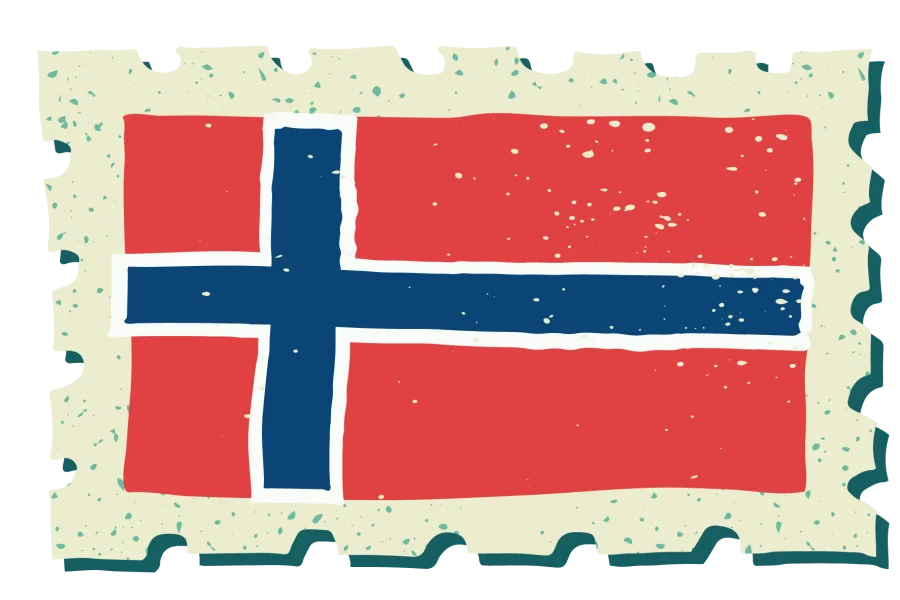 A vintage-style stamp with the flag of Norway.