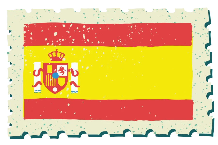 A vintage-style stamp with the flag of Spain.