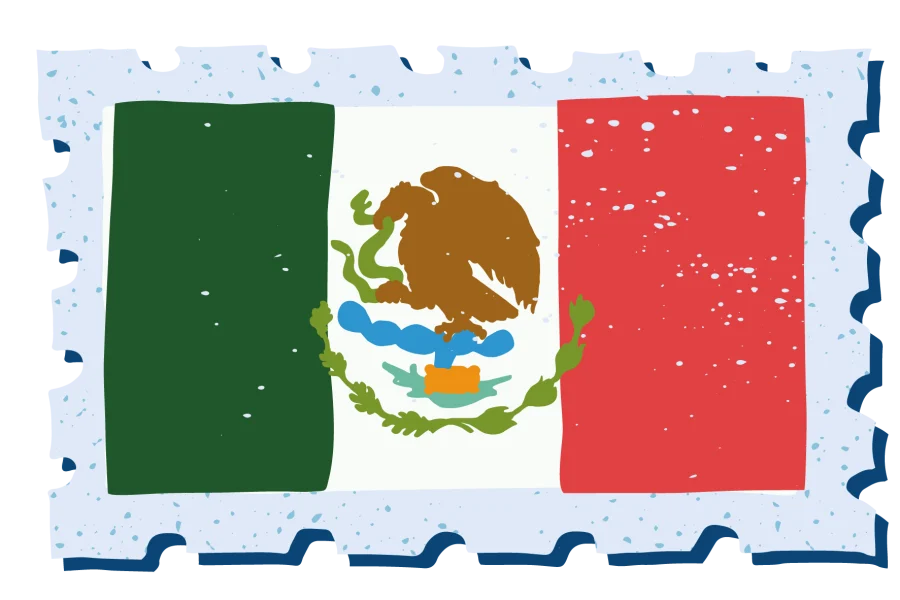 A vintage-style stamp with the flag of Mexico.