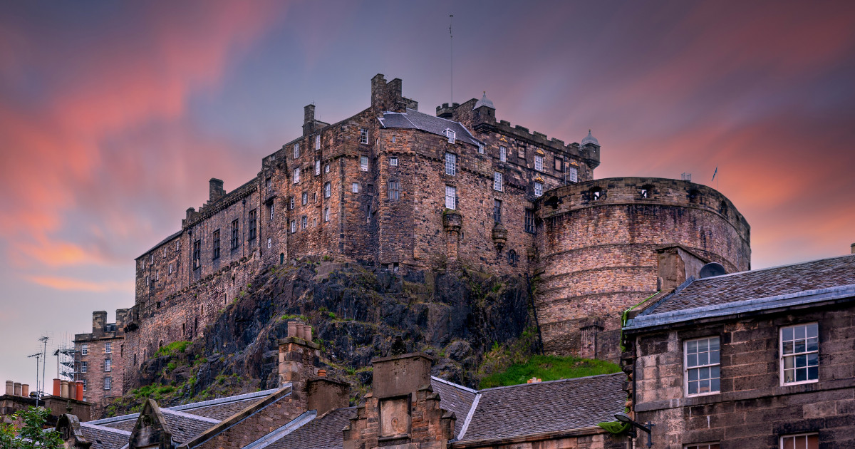 view on Edinburgh Castle from Heriot place during sunset, Edinburgh, Scotland, UK