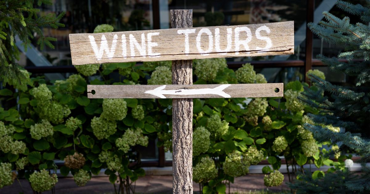 A wooden signpost with a white arrow pointing towards "Wine Tours," surrounded by lush greenery.