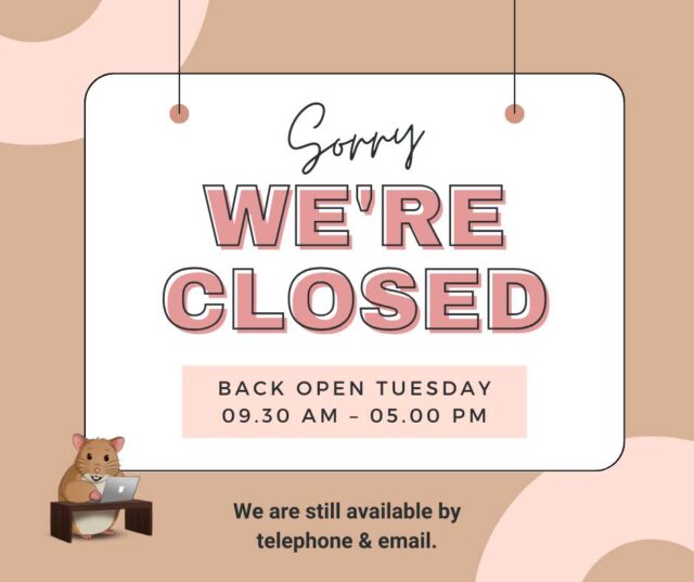 We're Closed Today ‼️

Just to let you know our shop is closed today (Saturday), but we’ll be back open as normal on Tuesday! 😊

If you need us in the meantime, feel free to pop us a message and we’ll get back to you as soon as we can.

Have a lovely weekend!

— Holiday Hamster 🐹✈️